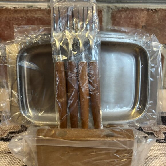 MCM snack tray w/serving Forks Japan Appetizer Fork Set Wooden Stand NOS - Picture 4 of 7